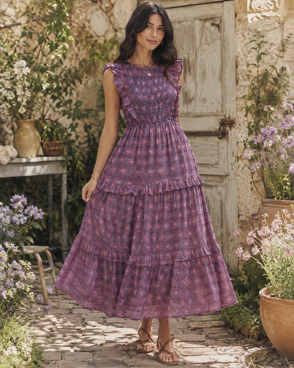 Banjanan 100% Cotton Pink Blue Iris Smocked Floral Midi Dress Size Small